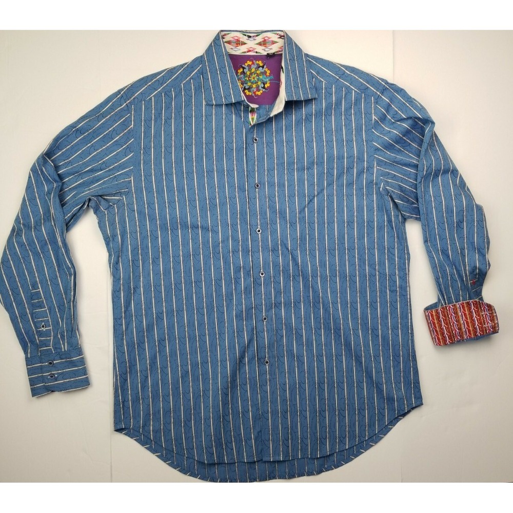 Robert Graham Men's Size Large Blue Striped Flip Cuff Long Sleeve Shirt
